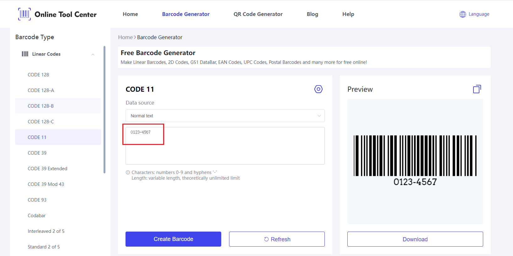 Të dhënat e hyrjes në Code 11 Barcode Generator.png