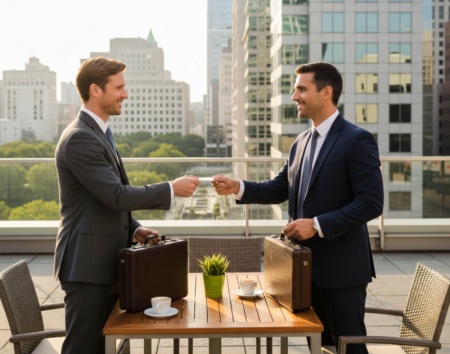 business card exchange in meeti shkëmbimi i kartave të biznesit në takim
